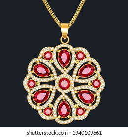 Illustration of a gold pendant on a chain with precious stones 