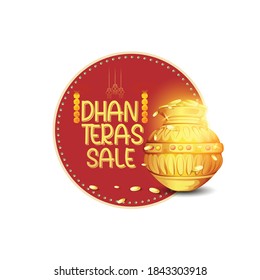 illustration of Gold pot Happy Dhanteras, Gold coin in pot for Dhanteras celebration festival  with Maa Lakshmi footprint and background