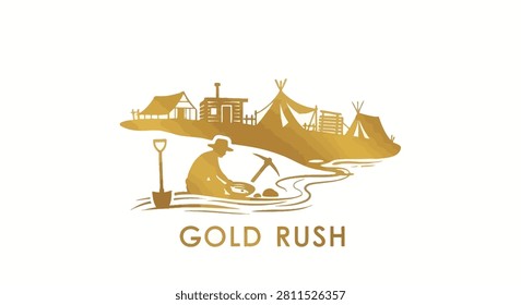 An illustration of a gold prospector panning for gold in a river with a mining camp featuring tents and wooden cabins in the background