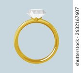 Illustration of a gold ring with a large diamond. The diamond ring shines brightly, symbolizing luxury and elegance. Perfect for jewelry and luxury themes. Aesthetic vector illustration.