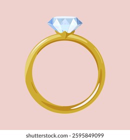 Illustration of a gold ring with a large diamond on a pink background. The diamond ring is prominently featured, highlighting its elegance and luxury. Vector illustration.