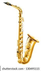 Illustration of a gold saxophone on a white background