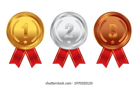 Illustration of gold, silver and bronze award medals with red ribbon