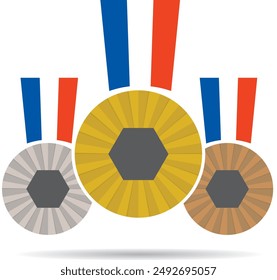 Illustration of gold, silver and bronze sports medals with French flag