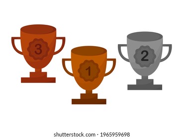 illustration of gold, silver and bronze trophies, gold trophies for 1st place, silver trophies for 2nd place and bronze trophies for 3rd place