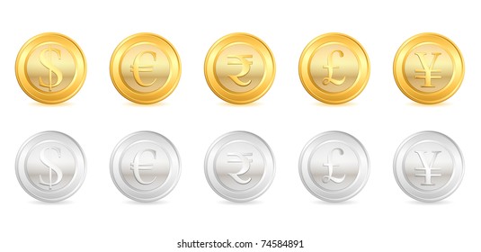 illustration of gold and silver coin of different currency