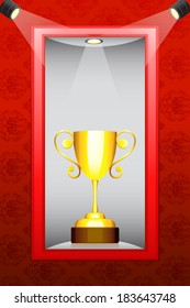 illustration of gold trophy kept in display in shelf