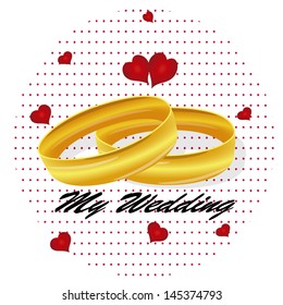 illustration of gold wedding rings, decorative red hearts on a white background and red dots.