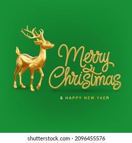 Illustration of Golden 3D Deer with Text Merry Christmas and Happy New Year. Template Banner, or Greetings Card on Green Background