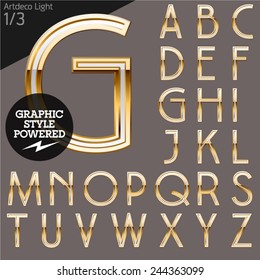 Illustration of golden alphabet. Art deco light. File contains graphic styles available in Illustrator. Set 1