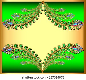 Illustration golden background with peacock feather gem stones