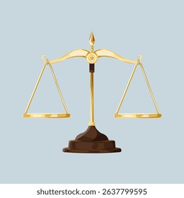 Illustration of a golden balance scale on a brown base, symbolizing justice and fairness. The scale is centered on a light blue background, representing law and equality. Aesthetic vector illustration