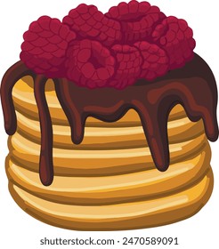 Illustration of a golden brown pancake stack topped with rich, melted chocolate and fresh raspberries. Hand drawn vector icon , isolated on white background