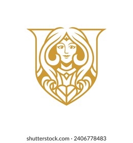 illustration of golden cartoon women with shield 