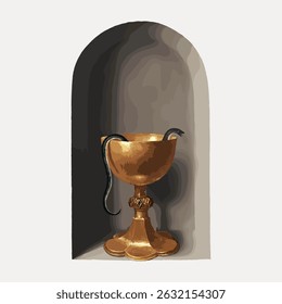 Illustration of a golden chalice with a snake inside, set in an arched alcove. The golden chalice and snake create a mysterious, ancient vibe. Vintage illustration vector.
