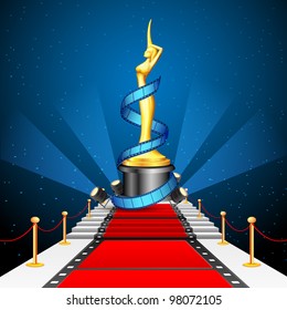 illustration of golden cinema award with film reel on red carpet