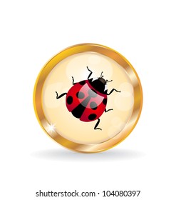 Illustration golden circle label (button) with ladybug - vector