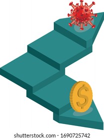 Illustration of golden coin  and COVID-19 icon as a sign of the economic crisis.Novel coronavirus cell (2019-nCoV) outbreak. Vector illustration background template. 