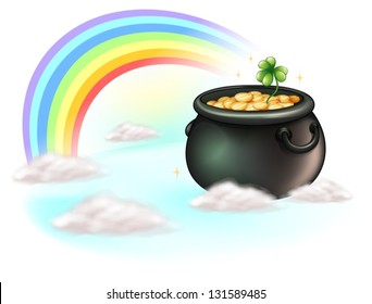 Illustration of the golden coins and the rainbow on a white background