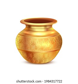 illustration of golden copperpot for holy kalash used in Indian religious festival like ghatashtapana, Navratri, Diwali and wedding on white background