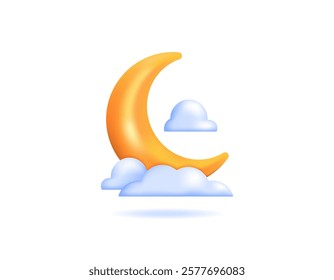 illustration of a golden crescent moon with clouds. decoration, ornament, object or item. symbol or icon. minimalist 3d style design. design elements, ramadan, eid al-fitr, eid al-adha