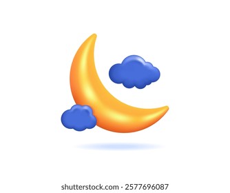 illustration of a golden crescent moon with clouds. decoration, ornament, object or item. symbol or icon. minimalist 3d style design. design elements, ramadan, eid al-fitr, eid al-adha