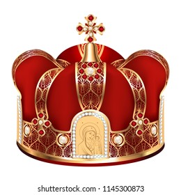 Illustration of a golden crown for a wedding in a church with rubies and pearls