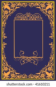 illustration with golden curled frame on lilac background