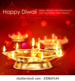 illustration of golden diya stand on abstract Diwali background