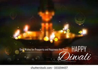 illustration of golden diya stand on abstract Diwali background