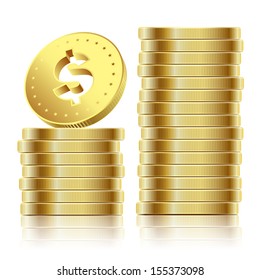 Illustration of Golden Dollar Coins Isolated on White Background. 