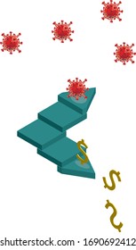 Illustration of golden dollar stepping down and COVID-19 icon stepping up as a sign of the economic crisis.Novel coronavirus cell (2019-nCoV) outbreak. Vector illustration background template. 