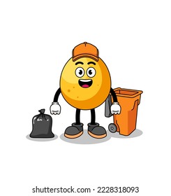 Illustration of golden egg cartoon as a garbage collector , character design