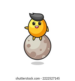 illustration of golden egg cartoon sitting on the moon , cute style design for t shirt, sticker, logo element