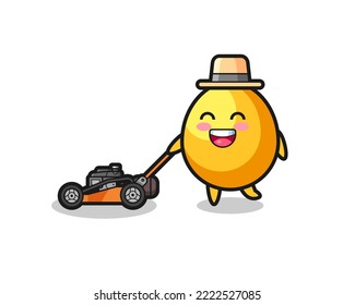 illustration of the golden egg character using lawn mower , cute style design for t shirt, sticker, logo element