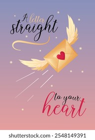 Illustration of a golden envelope with wings and a red heart, flying through a starry sky, perfect for a Valentines Day card.
