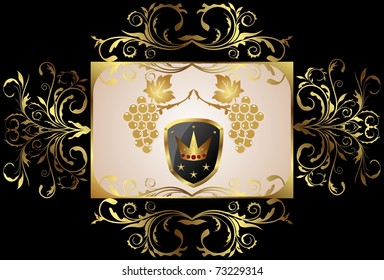 Illustration golden floral frame with grapevine, shield, crown - vector