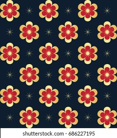 Illustration with golden flowers on a dark blue background, pattern
