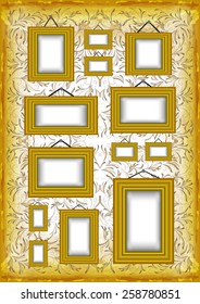 Illustration of golden frames collection on grunge background with abstract floral ornament 