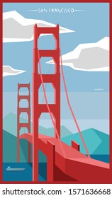 Illustration of Golden Gate Bridge in San Francisco, California, USA. Flat style design. Can be used for postcard or poster.