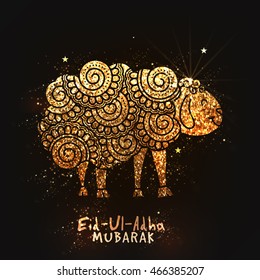 Illustration of golden glittering Sheep and Cleaver Knife in floral doodle pattern style on sparkling brown background for Muslim Community, Festival of Sacrifice, Eid-Al-Adha Mubarak.