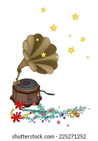 An Illustration of Golden Gramophone or Turntable Playing Christmas Music for Christmas Celebration. 