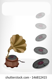 Illustration of A Golden Gramophone or Turntable and Gramophone Record with White Label for Copy Space and Text Decorated 