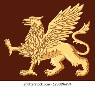 Illustration of a golden griffin isolate. Traditional heraldry