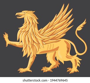 Illustration of a golden griffin with wings. Traditional heraldry