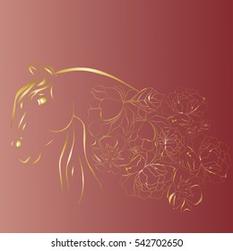 illustration golden horse with flowers on a pink background vector