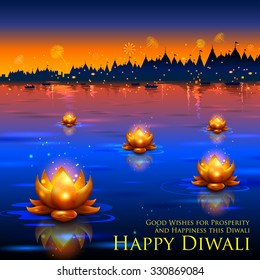 illustration of golden lotus shaped diya floating on river in Diwali background