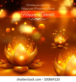 illustration of golden lotus shaped diya on abstract Diwali background