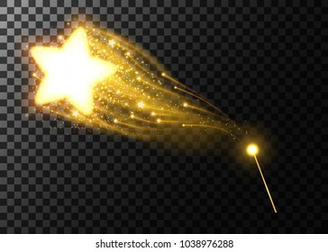Illustration of golden magic wand, with light star effect. Vector graphic design