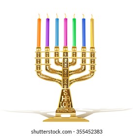 illustration of golden menorah with seven color candles on white